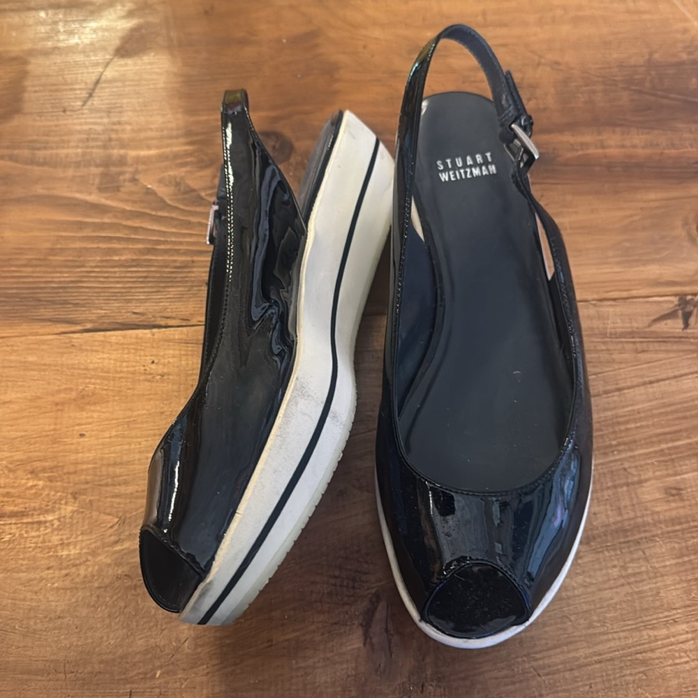 Stuart Weitzman size 9 sling back peep toe shoes patent leather black